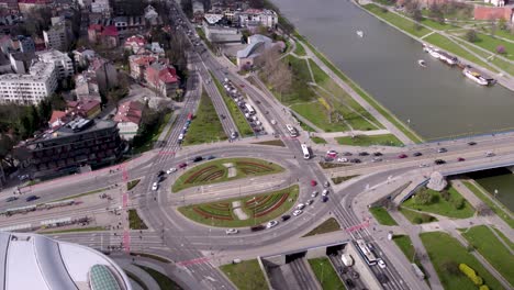 Drone-Footage-of-City-Highway-Multilevel-Crossroad-in-Krakow,-Poland