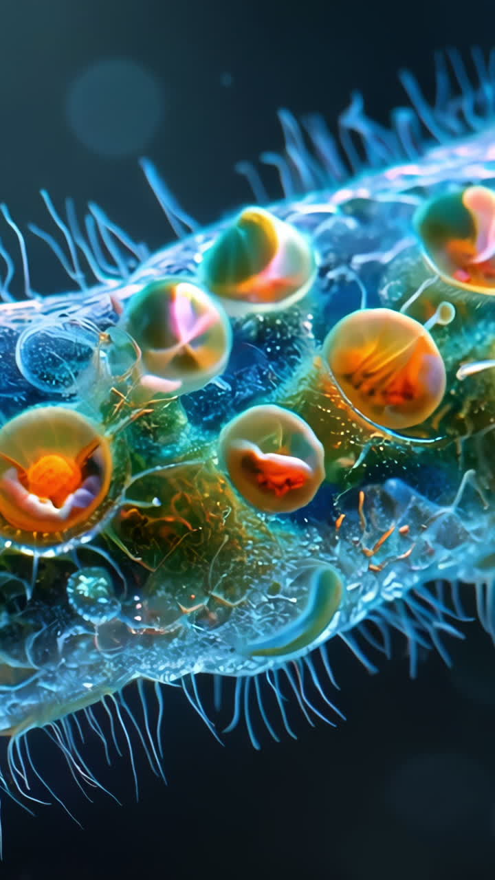 A colorful, fuzzy looking creature with many small eyes and a long, thin body. The creature is surrounded by a blue background