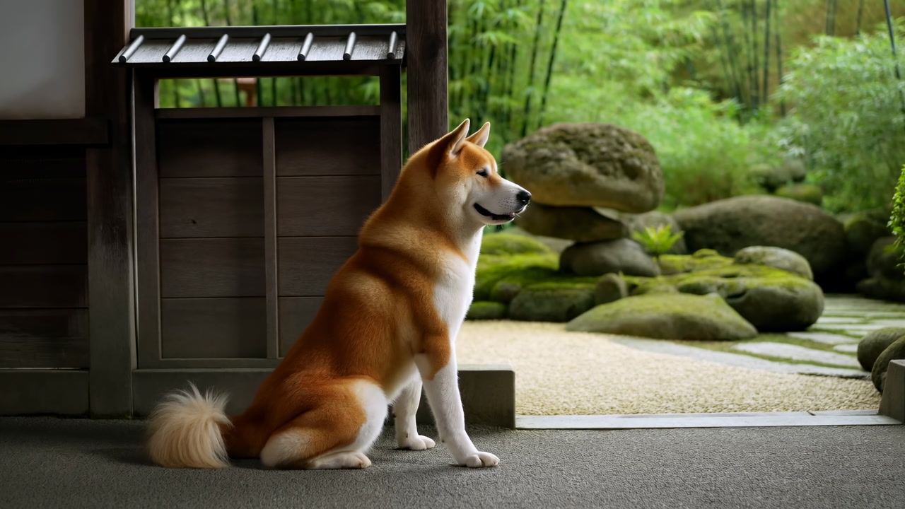 Shiba Inu Dog Sitting Japanese Garden, Soft Morning Light, Moss Covered Stones, Bamboo Grove, Traditional