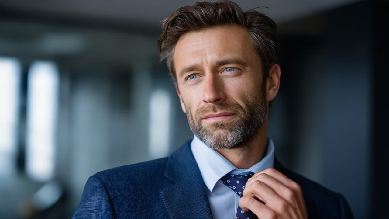 A Confident Professional Man in a Suit Reflects on His Success, Showcasing Style and Poise in a Modern Urban Setting