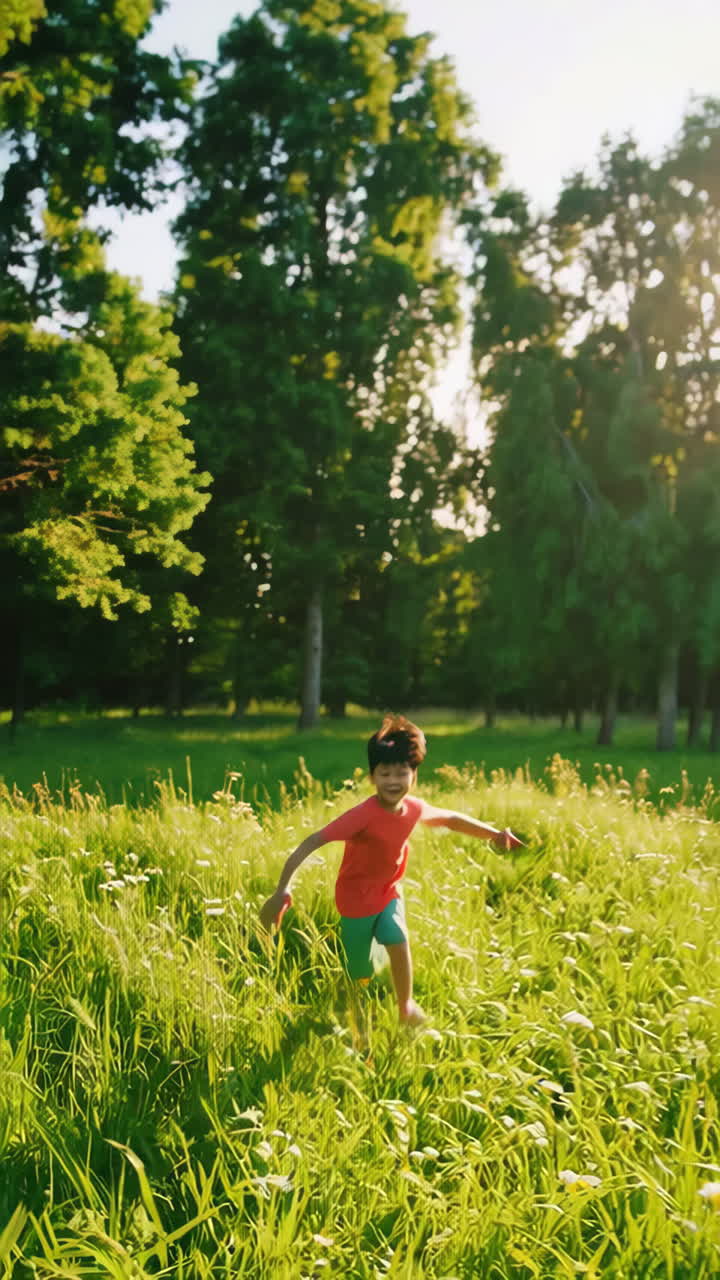 Happy young boy running through a sunlit field of flowers