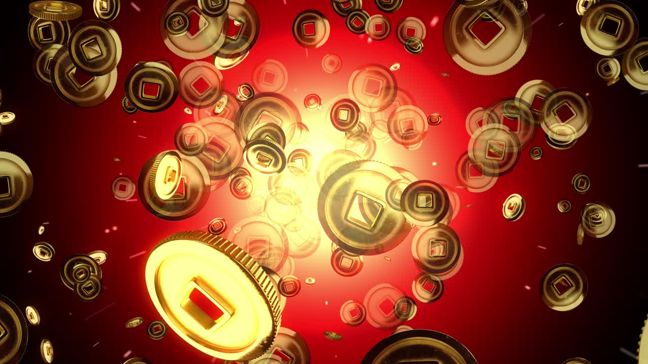 gráfico de movimiento 3d de una gran cantidad de monedas de oro de yuan explosión desde el suelo en fondo de luz roja.