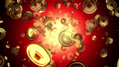 3d motion graphic of a lot of gold yuan coins explosion from the ground on red light background.