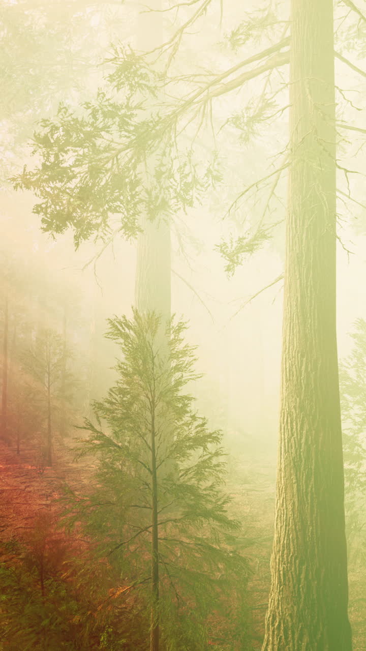 높은 나무 들 이 있는 안개 숲