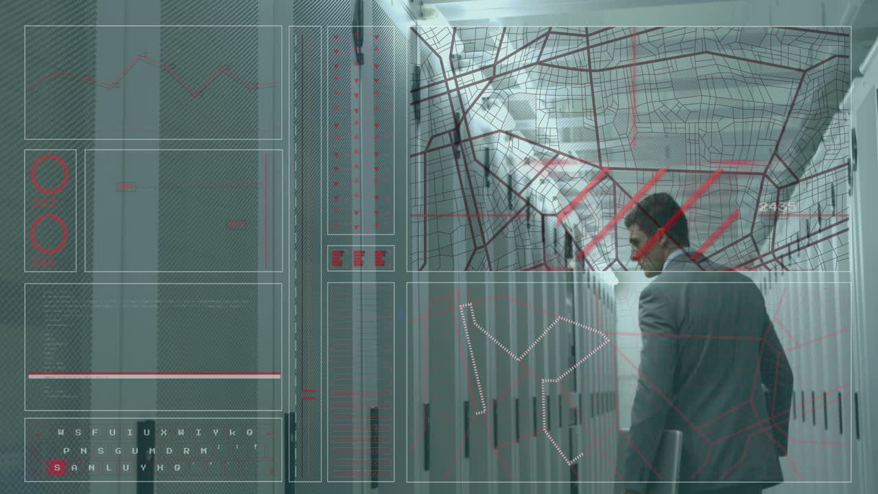 animación del procesamiento de datos sobre un empresario caucásico en la sala de servidores