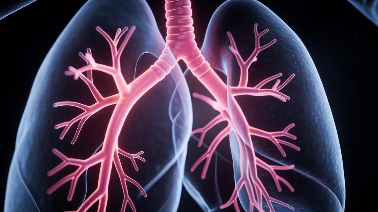Animazione 3D di polmoni che ruotano e si ingrandiscono in un laboratorio buio, mostrando trachea e bronchioli per lo studio.