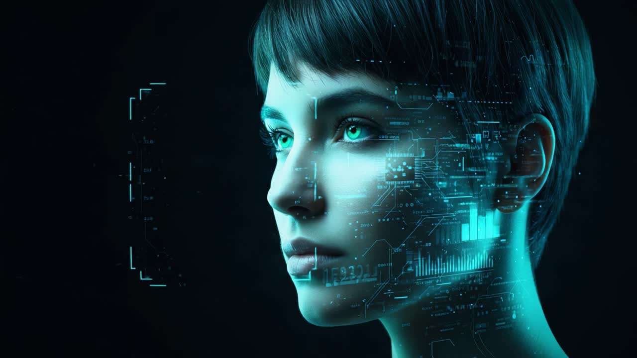 A futuristic representation of a young woman with digital overlays, showcasing elements of artificial intelligence, technology, and enhanced perception. Captivating visual integrating human features with data