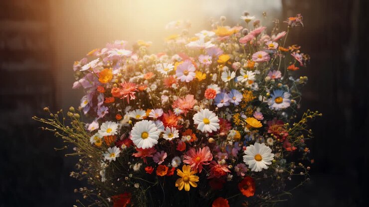Luftaufnahme von leuchtenden Wildblumen in weichem Sonnenlicht, die ein verträumtes, filmreifes Video-Feeling erzeugen