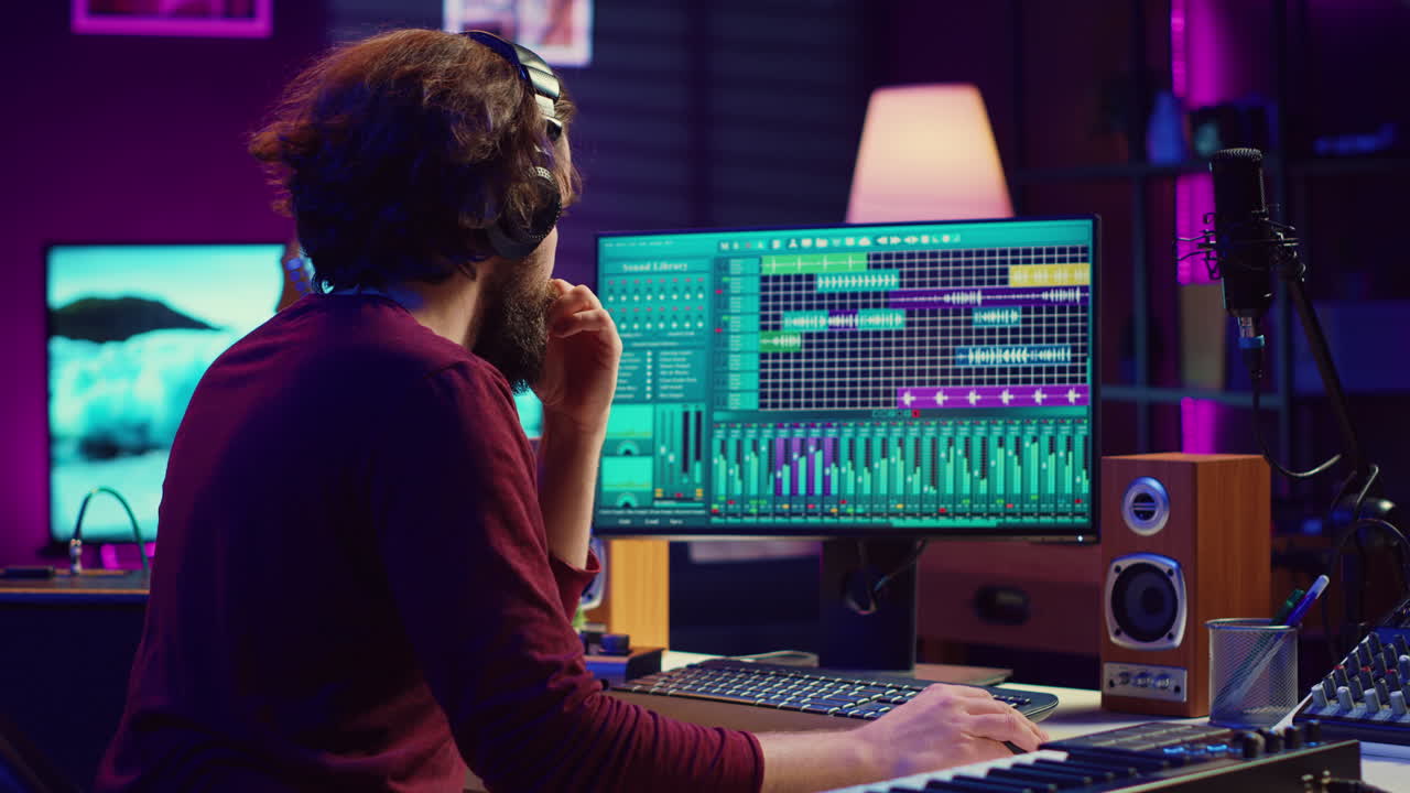 ingeniero de audio trabajando en un estudio de música en casa con el software daw