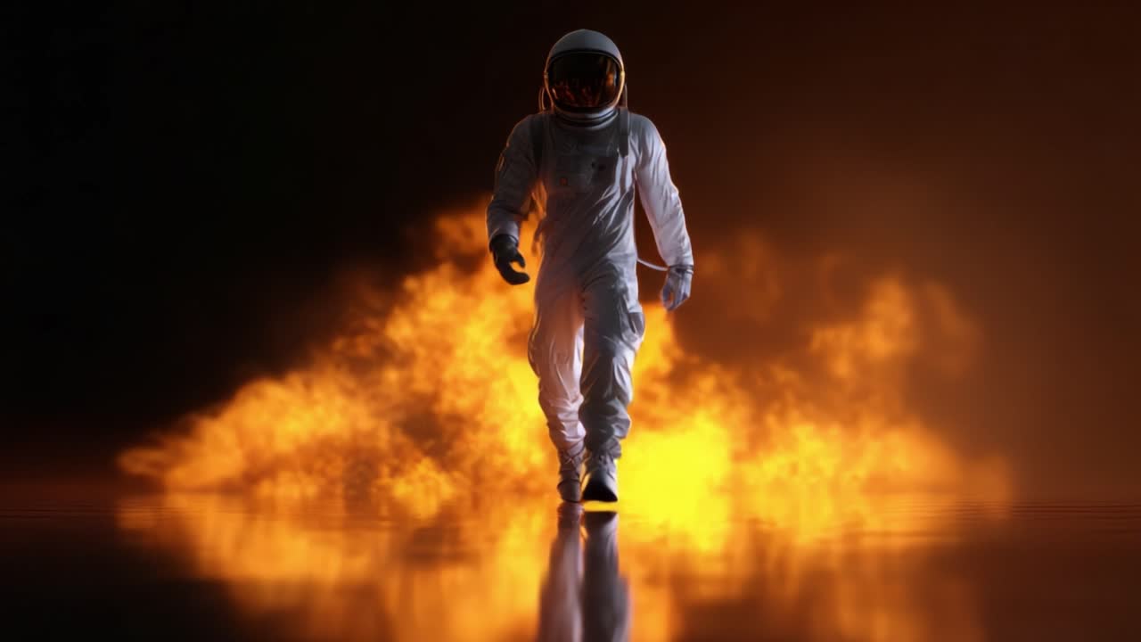 Astronauta Emerge da uno Sfondo Infuocato, Simbolo di Esplorazione, Coraggio e dello Spirito Umano di Fronte a Sfide Estreme e Frontiere Sconosciute
