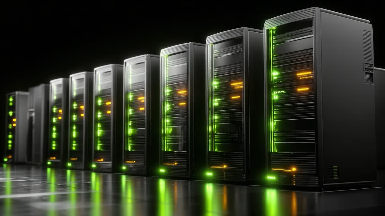 Et detaljeret kig på moderne serverracks med forbedrede LED-indikatorer, der indikerer aktiv databehandling og robust netværksforbindelse i et datacentermiljø.