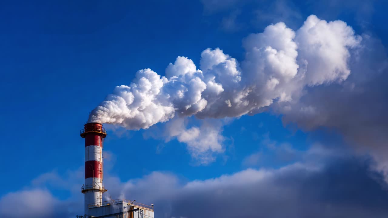 Industrial Smokestack Emitting Smoke Against Blue Sky