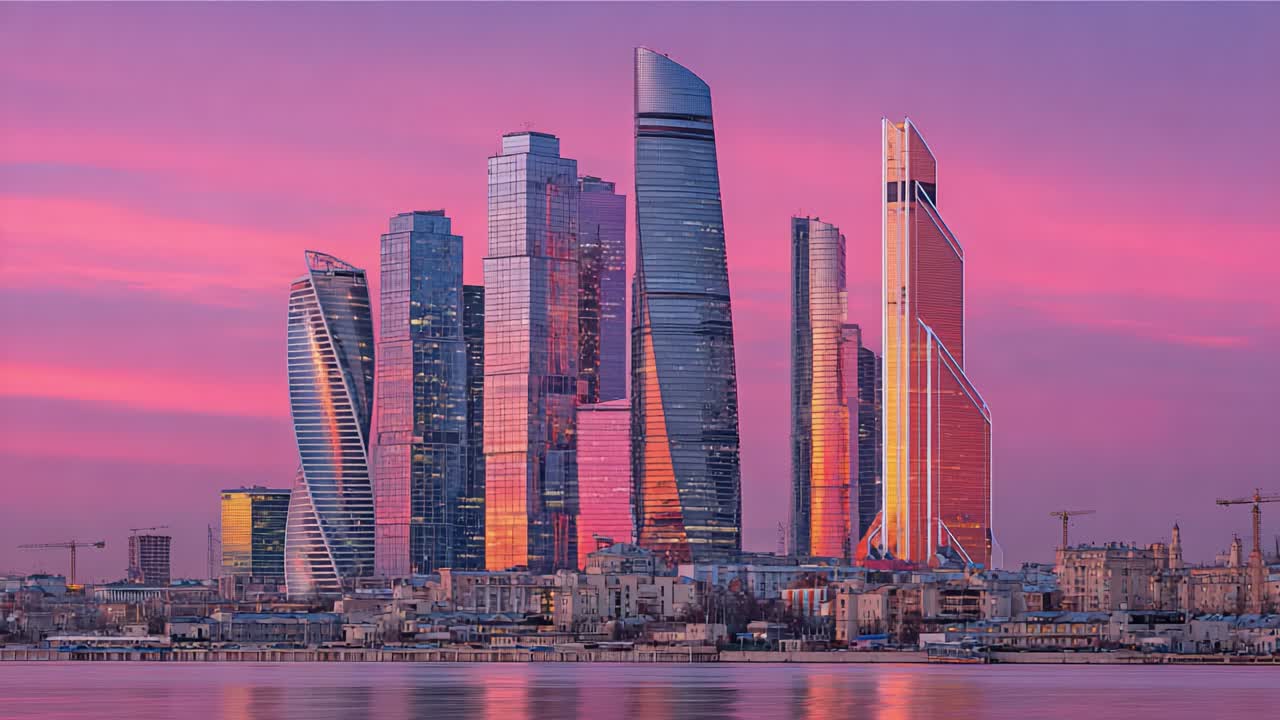 Uma paisagem urbana deslumbrante ao anoitecer: vistas cativantes da arquitetura moderna refletindo na água sob um céu rosa e roxo vibrante