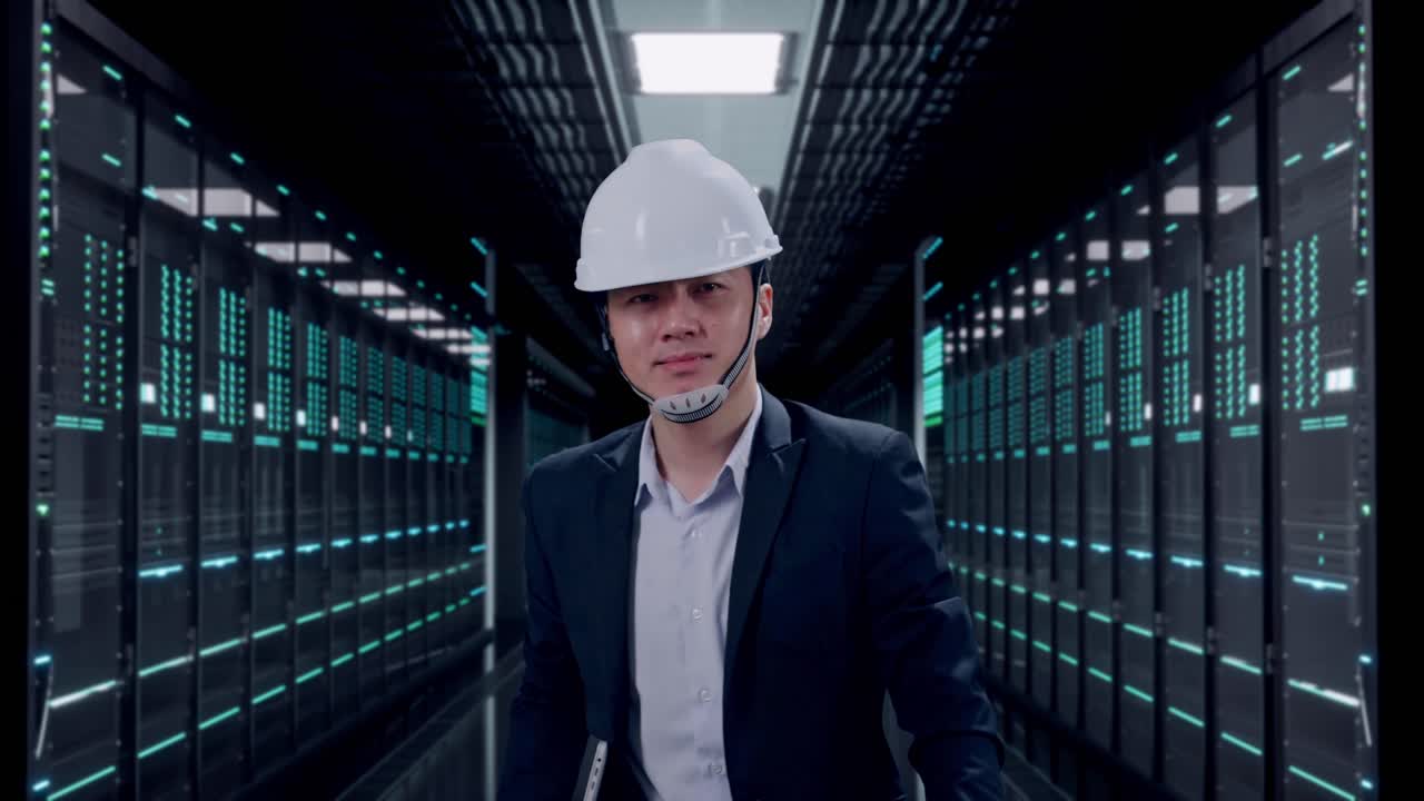 Front View of Asian Businessman Holding Computer While Walking in Server Room Data Center