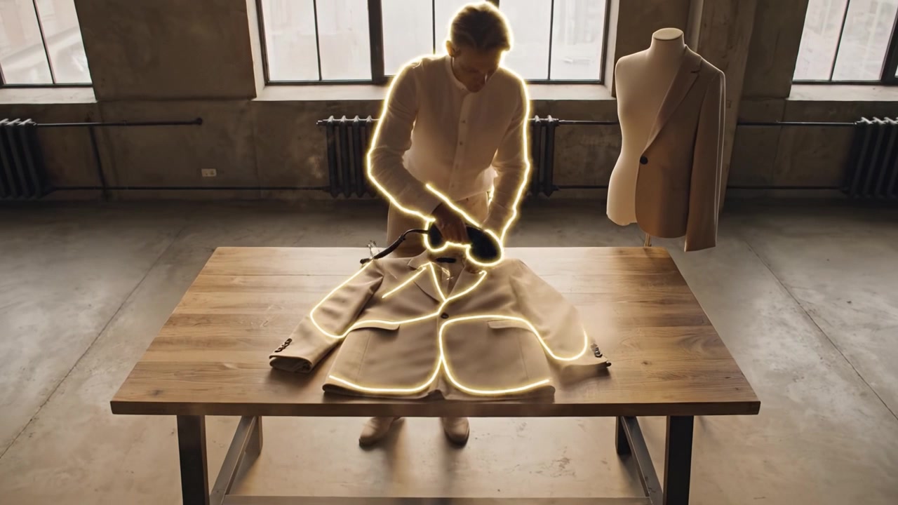 En skrædder dampstryger en jakkesætjakke på et træbord i et solbeskinnet atelier, hvilket fremviser håndværk og sans for detaljer inden for modedesign.