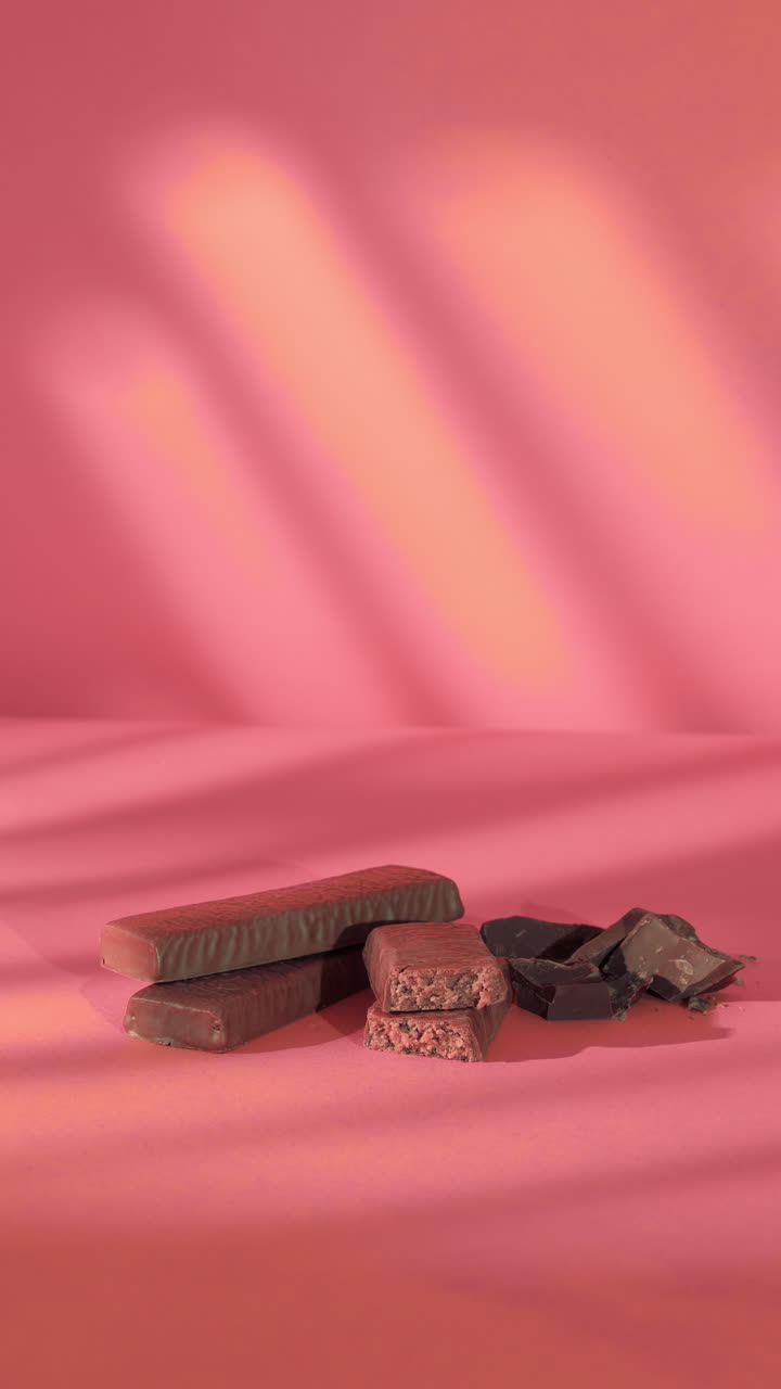 A hand places a dark-colored protein bar next to scattered milk chocolate chunks on a soft coral backdrop, creating a clean and minimal fitness-oriented presentation with soft light shadows.