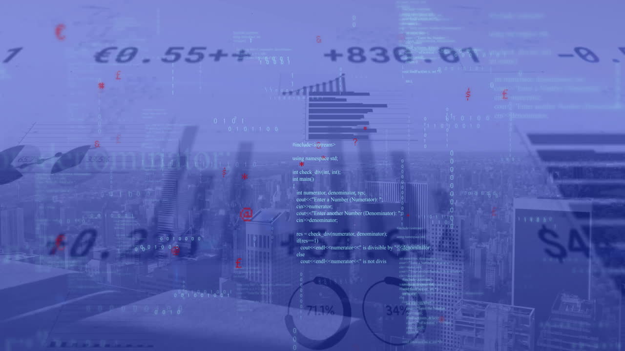 도시 풍경에 대한 다이어그램의 애니메이션과 데이터 처리