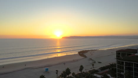 Aerial-view-from-Coronado-Beach-of-an-evening-sunset-over-Point-Loma,-Ca