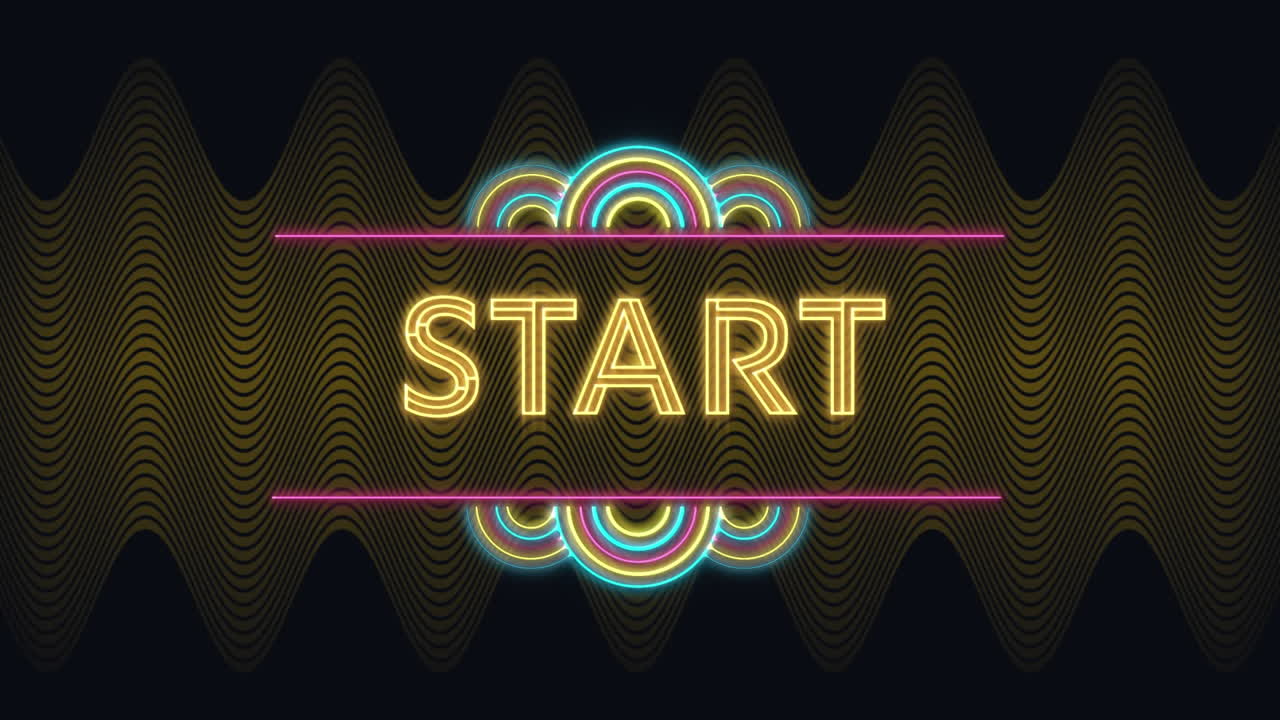 animación del texto, comienzo, en neón amarillo, sobre líneas onduladas que se mueven sobre un fondo oscuro