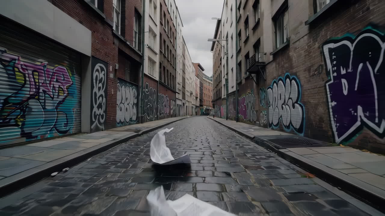 Graffiti-covered alleyway in a European city on a rainy day