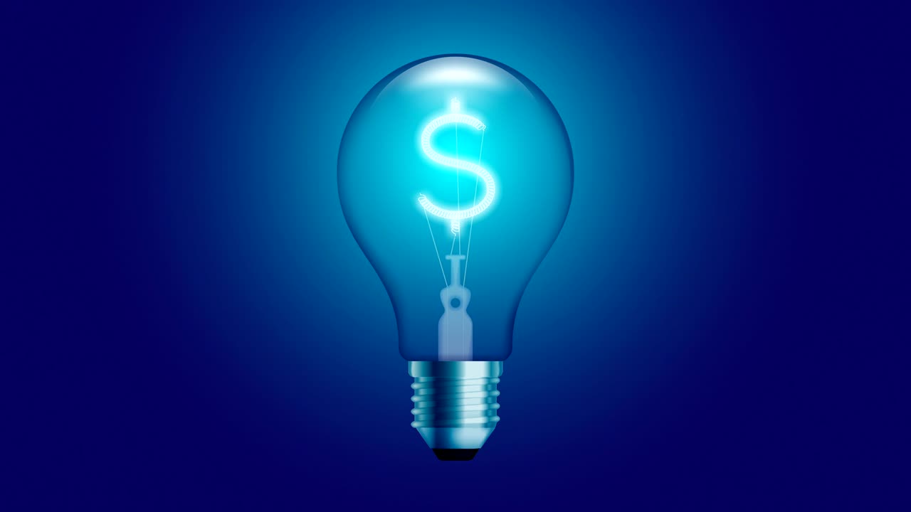 Alphabet Incandescent light bulb beating switch on set Currency USD (United States Dollars) symbol concept glow in blue gradient background seamless looping animation 4K, with copy space