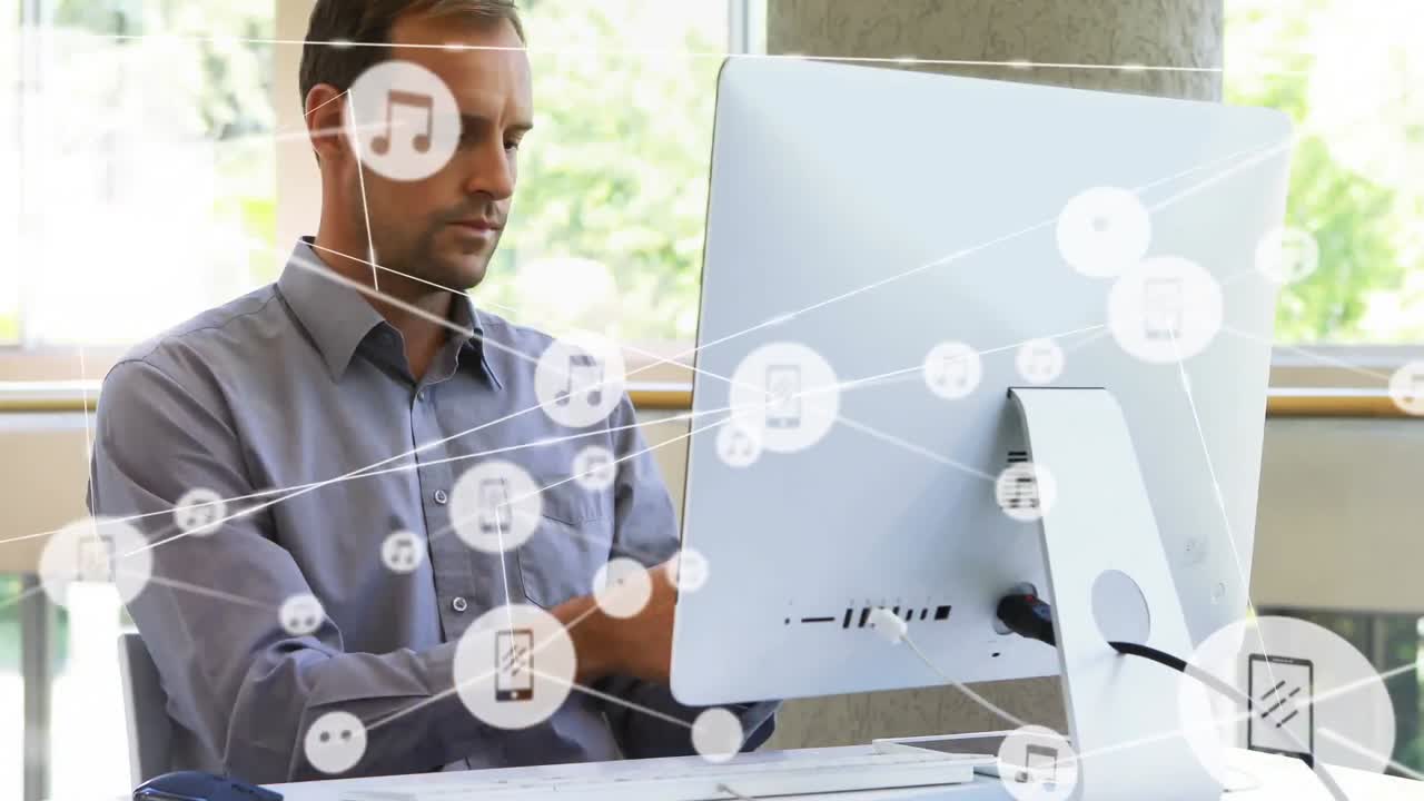 Animation of network of connections with icons over businessman using smartphone