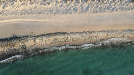 Toma-Aérea-De-Arriba-Hacia-Abajo-De-Una-Playa-De-Arena-Vacía-Con-Agua-Clara-Del-Océano-De-La-Costa-Australiana-En-Verano