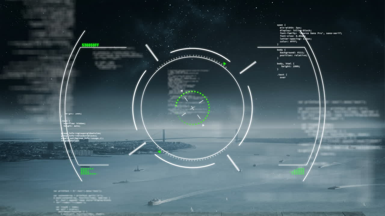 High-tech HUD being displayed over coastal bay, showing code snippets, bridge and moving ships