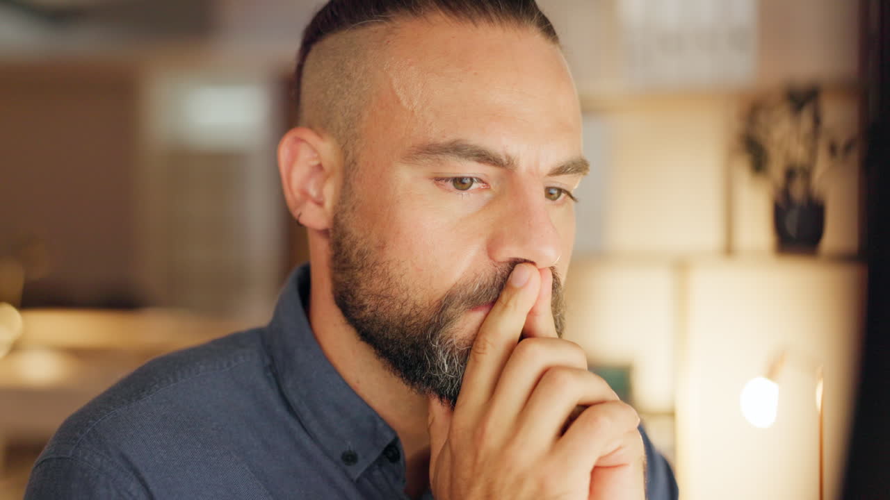 Business man, thinking and stress in night