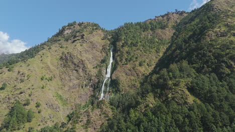 Drone-shot-of-Huge-waterfall-named-Narchyang-in-Annapurna-region-Nepal