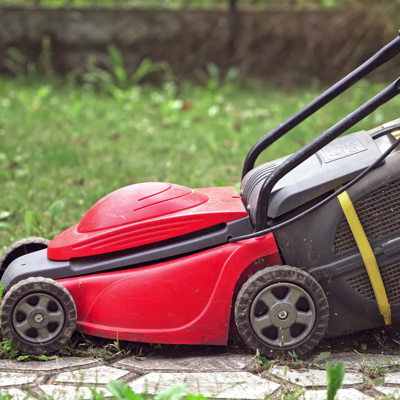 Modern technology of cutting grass in the garden. Red lawn mower cutting grass in the backyard. Corded electric lawn machine outdoors.