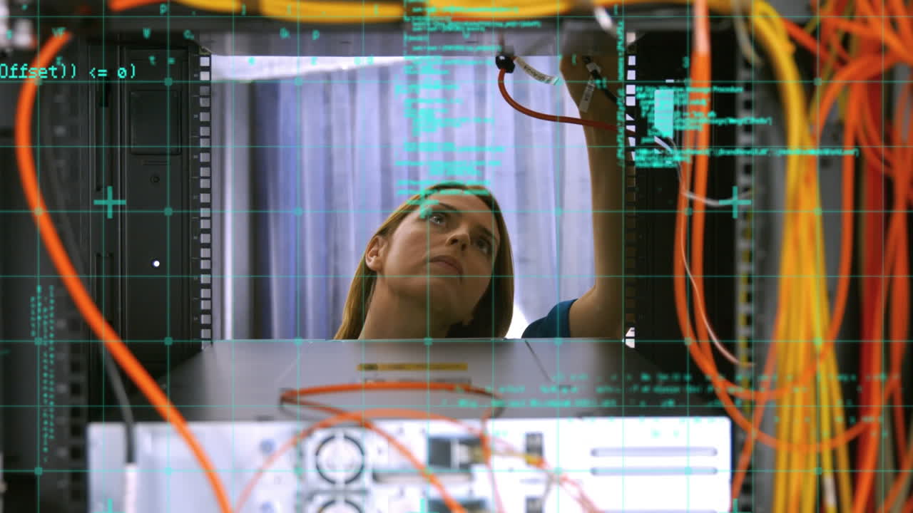 Animation of data processing over caucasian woman in server room