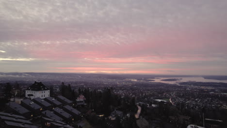 panoramic of cityscape during sunset near holmenkollbakken ski jumping hill in oslo, norway. aerial shot