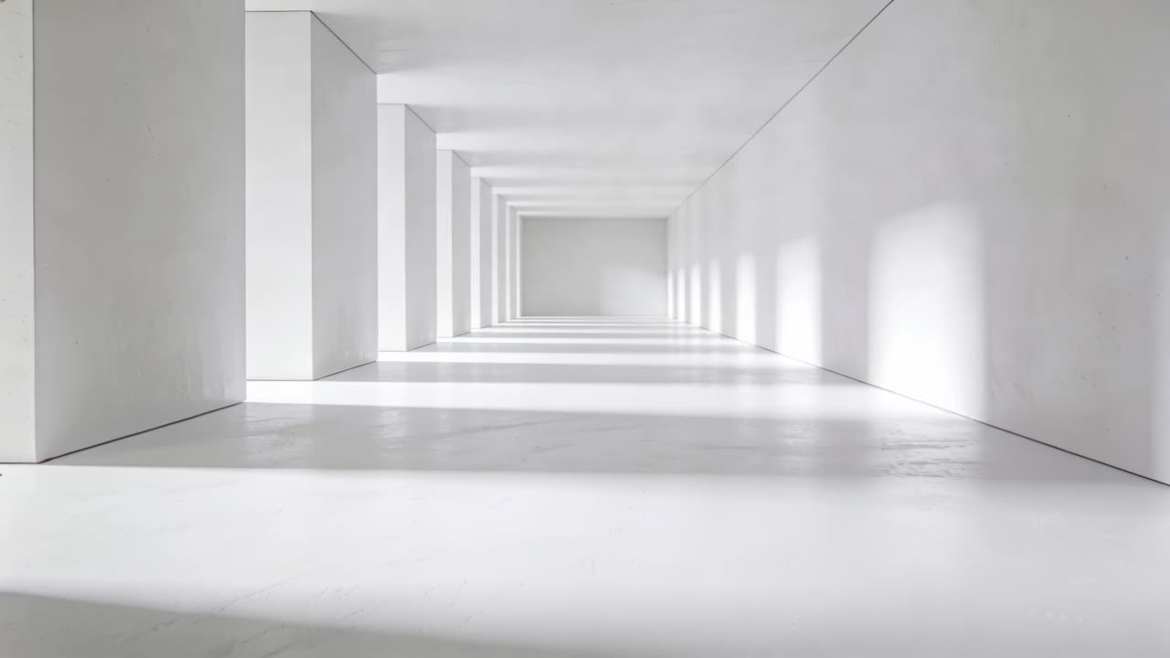 Video verticale: Sole che si sposta fuori campo, spostando la luce lungo il corridoio di una galleria, mostrando campate ripetute.