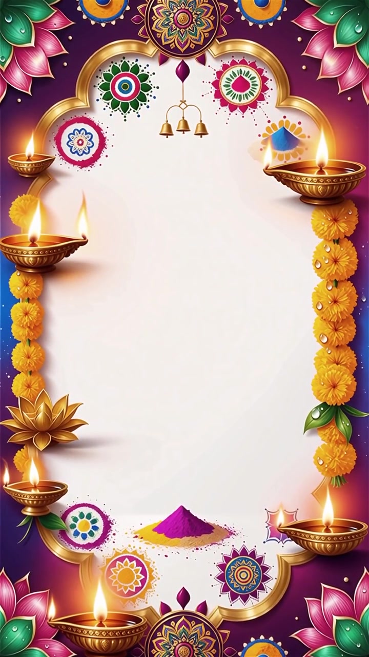 Sfondo Diwali con Diyas luminosi, Rangoli e fiori di loto