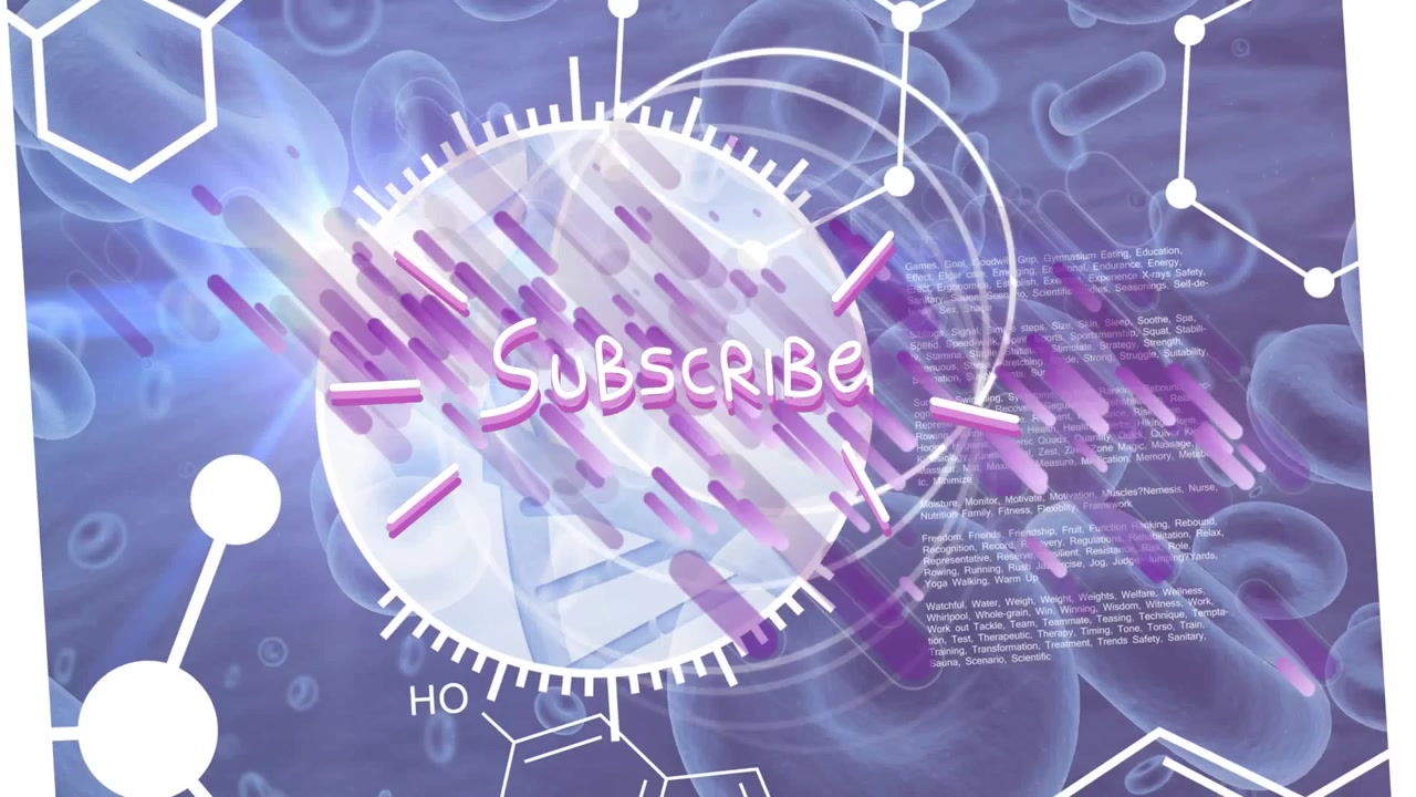 Animation of subscribe text and flying abstract pattern over dna helix in circle and research paper