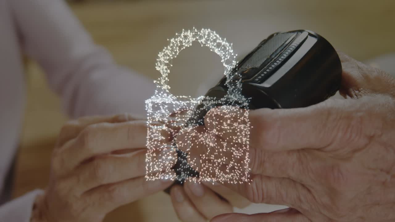 animación del candado de seguridad de la red sobre las personas que utilizan el terminal de pago