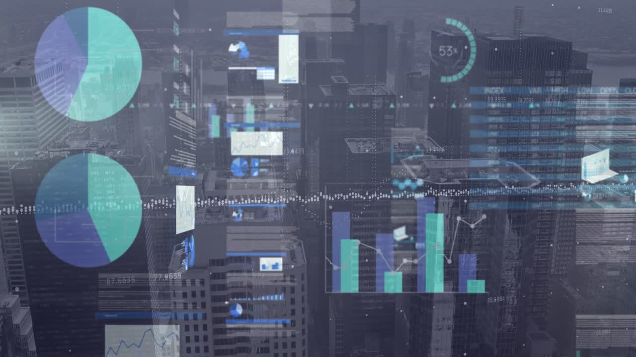 Animation of financial data processing over cityscape