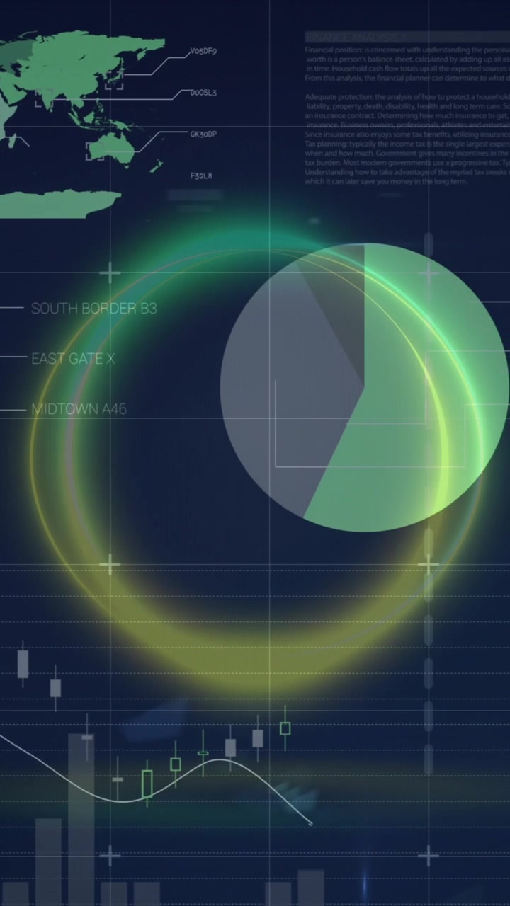 Composizione digitale di grafici finanziari con cerchio di elaborazione animato che aggiunge profondità.