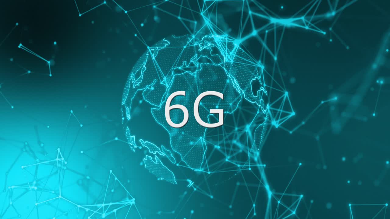 Animation of rotating globe, connections and g on blue background