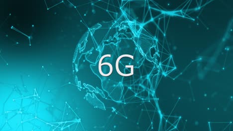 animation of rotating globe, connections and g on blue background