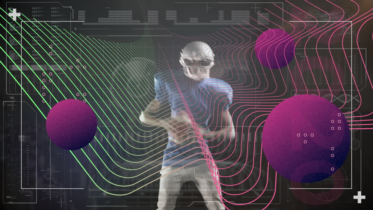 animación de esferas púrpuras y onda digital sobre jugador de rugby afroamericano que sostiene la pelota