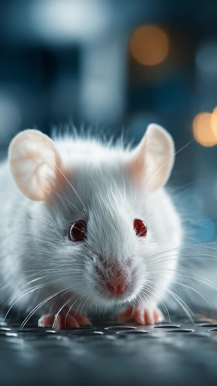 Primo piano di un topo bianco da laboratorio che mostra le sue caratteristiche ed espressioni uniche in un ambiente con messa a fuoco morbida, perfetto per contesti scientifici o didattici