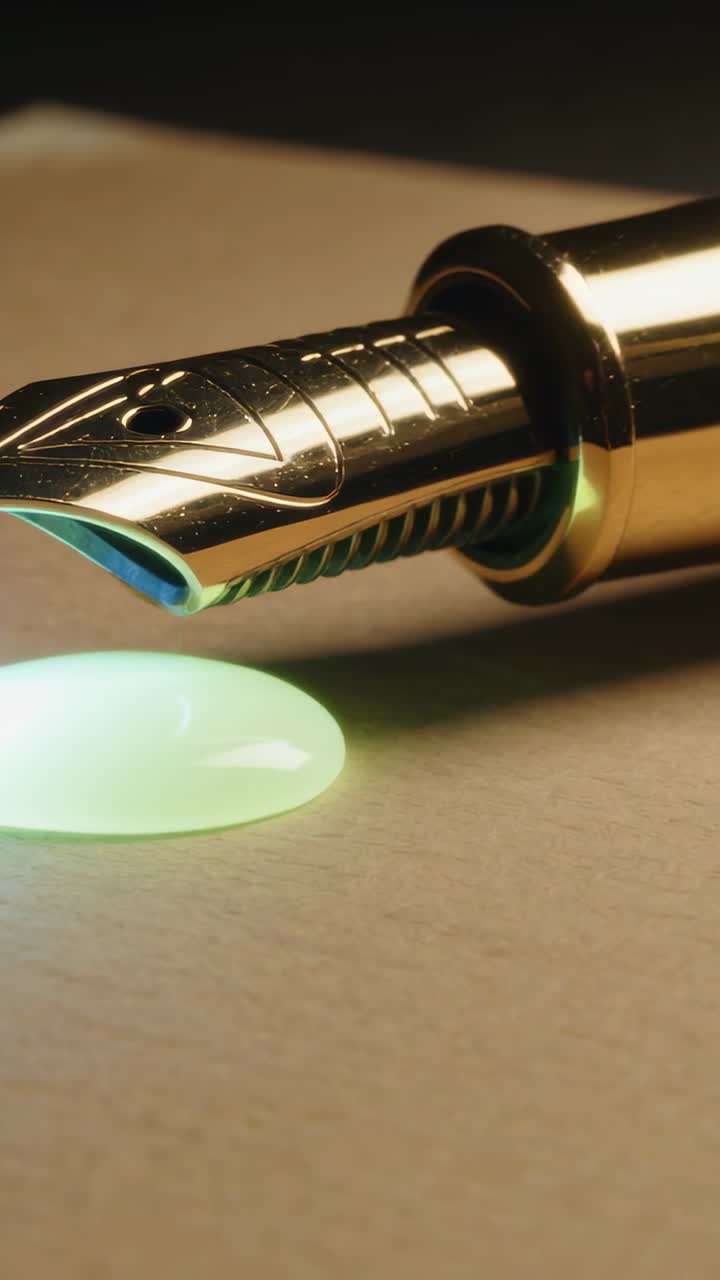 Video verticale: Si forma una goccia sulla fessura del pennino, che rilascia inchiostro verde su carta ruvida, alimentando una pozza.
