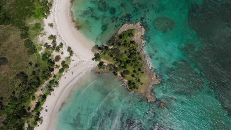 Ocean-waves-roll-into-sandy-bays-over-coral-reef-with-tropical-palm-trees-and-white-sandy-beach,-drone-bird's-eye-view