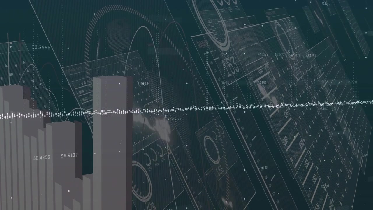 On data input waveform scrolling while bars pulsing and panels shifting to show real-time data