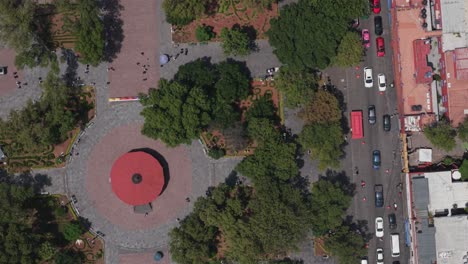 sunny morning drone flight over downtown coyoacan, cdmx