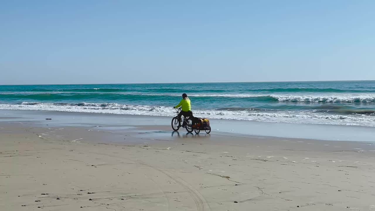 아름다운 이 있는 날에 개와 함께 해변에서 자전거를 타고 있는 색 여성