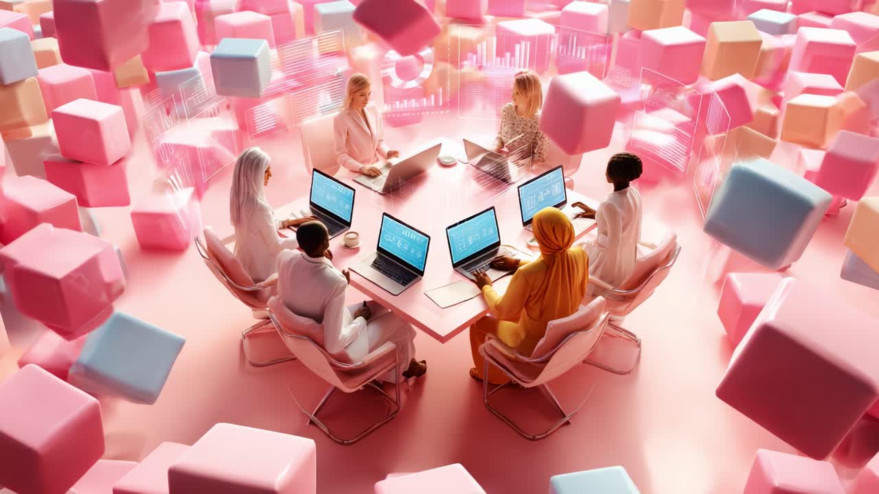 A Collaborative Meeting of Professional Women in Modern Workspace Surrounded by Abstract 3D Shapes and Data Visualizations, Fostering Creative Ideas and Digital Strategies