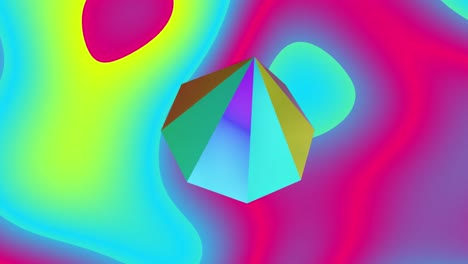 Animation-of-3d-multicoloured-shape-over-neon-multi-coloured-background